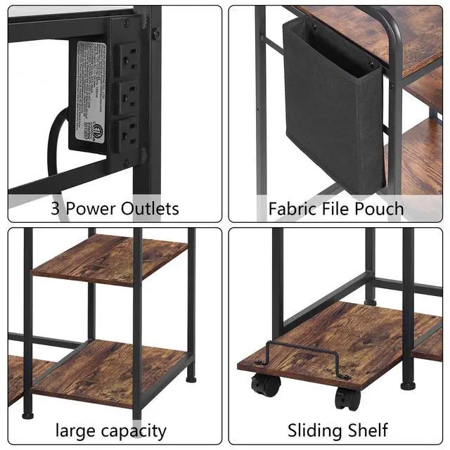 Alt view image 2 of 7 - Home Printer Stand: 3-Outlet Charging Station - Power 3 Devices | Tidy Cord Management & Pull-Out Shredder Shelf, 24x18in Fits Large Printers/PC Tower, Side Storage Bag for Home Office, Brown