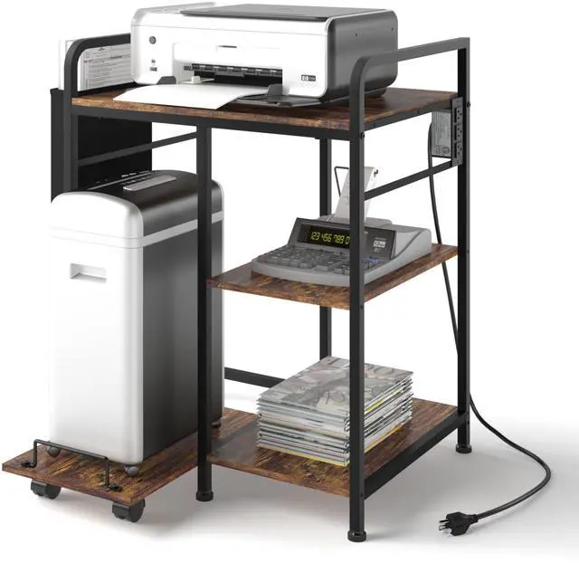 Main image of Home Printer Stand: 3-Outlet Charging Station - Power 3 Devices | Tidy Cord Management & Pull-Out Shredder Shelf, 24x18in Fits Large Printers/PC Tower, Side Storage Bag for Home Office, Brown