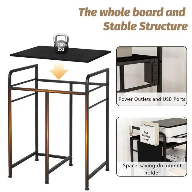 Alt view image 5 of 7 - Large Home Printer Stand: 3 AC Outlets, 24x18 Inches Printer Table | Printer Shredder Stand with Storage for Home Office, 3 Tier Organizer Rack for Laser Printer, PC Tower,Fax Machine, Black