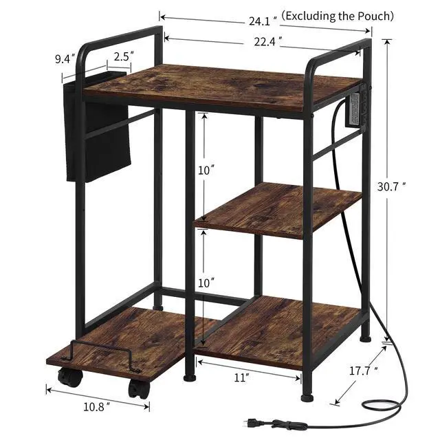 Alt view image 3 of 7 - Home Printer Stand: 3-Outlet Charging Station - Power 3 Devices | Tidy Cord Management & Pull-Out Shredder Shelf, 24x18in Fits Large Printers/PC Tower, Side Storage Bag for Home Office, Brown