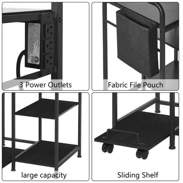 Alt view image 2 of 7 - Large Home Printer Stand: 3 AC Outlets, 24x18 Inches Printer Table | Printer Shredder Stand with Storage for Home Office, 3 Tier Organizer Rack for Laser Printer, PC Tower,Fax Machine, Black