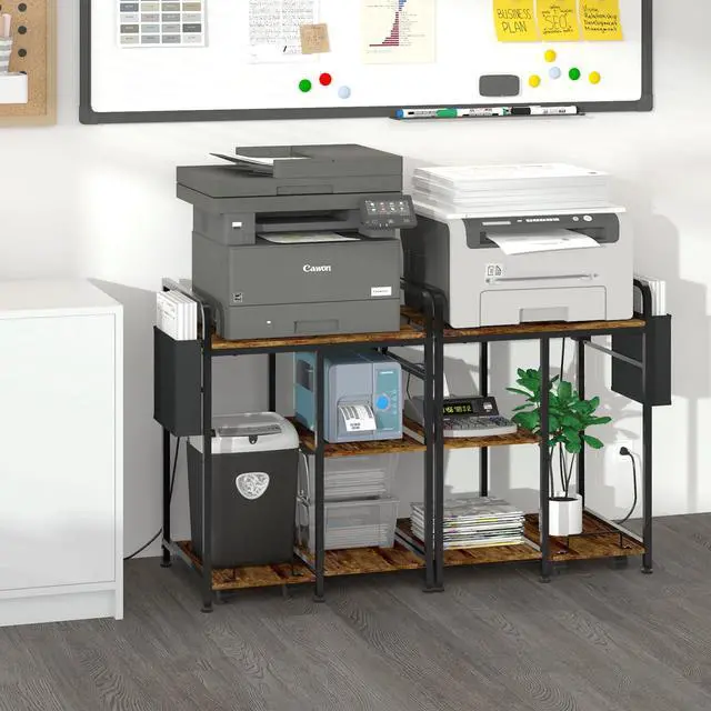 Alt view image 6 of 7 - Home Printer Stand: 3-Outlet Charging Station - Power 3 Devices | Tidy Cord Management & Pull-Out Shredder Shelf, 24x18in Fits Large Printers/PC Tower, Side Storage Bag for Home Office, Brown