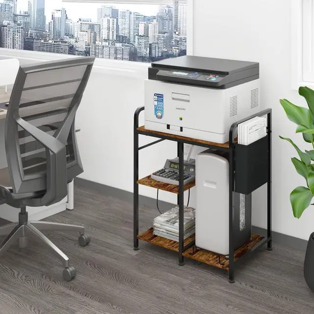 Alt view image 4 of 7 - Home Printer Stand: 3-Outlet Charging Station - Power 3 Devices | Tidy Cord Management & Pull-Out Shredder Shelf, 24x18in Fits Large Printers/PC Tower, Side Storage Bag for Home Office, Brown