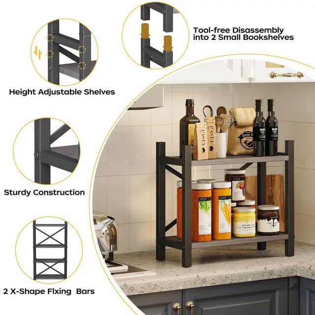 Alt view image 5 of 7 - 2-Pack Desktop Bookshelf, 4-Tier Stackable Narrow Bookcase, Adjustable Industrial Desk Organizer & Hutch - Rustic Brown Wood Desktop Book Organizer for Living Room, Bedroom & Home Office
