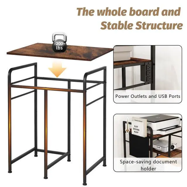 Alt view image 5 of 7 - Home Printer Stand: 3-Outlet Charging Station - Power 3 Devices | Tidy Cord Management & Pull-Out Shredder Shelf, 24x18in Fits Large Printers/PC Tower, Side Storage Bag for Home Office, Brown