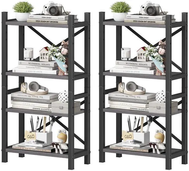 Main image of 2-Pack Desktop Bookshelf, 4-Tier Stackable Narrow Bookcase, Adjustable Industrial Desk Organizer & Hutch - Rustic Brown Wood Desktop Book Organizer for Living Room, Bedroom & Home Office
