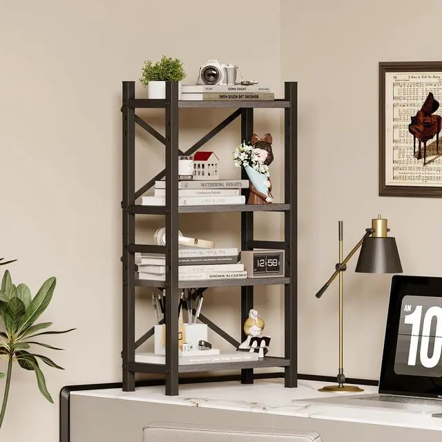 Alt view image 2 of 7 - 2-Pack Desktop Bookshelf, 4-Tier Stackable Narrow Bookcase, Adjustable Industrial Desk Organizer & Hutch - Rustic Brown Wood Desktop Book Organizer for Living Room, Bedroom & Home Office