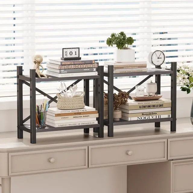 Alt view image 6 of 7 - 2-Pack Desktop Bookshelf, 4-Tier Stackable Narrow Bookcase, Adjustable Industrial Desk Organizer & Hutch - Rustic Brown Wood Desktop Book Organizer for Living Room, Bedroom & Home Office