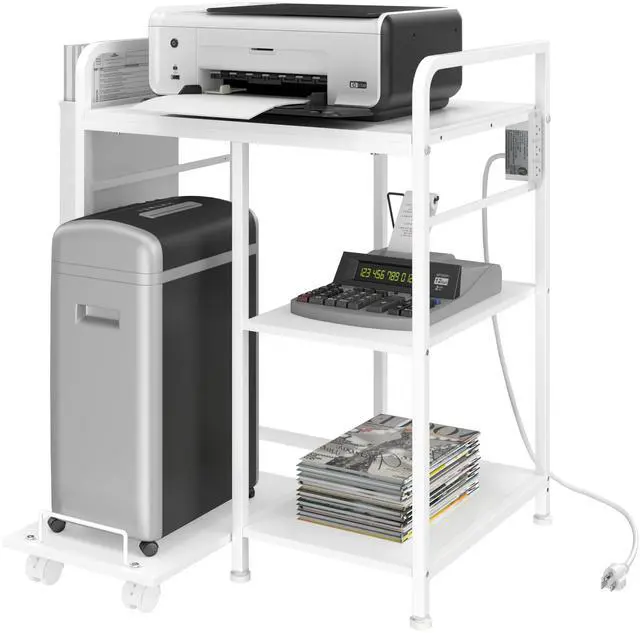 Main image of Large Home Printer Stand: 3 AC Outlets, 24x18 Inches Printer Table | Printer Shredder Stand with Storage for Home Office, 3 Tier Organizer Rack for Laser Printer, PC Tower,Fax Machine, White