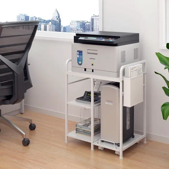 Alt view image 4 of 6 - Large Home Printer Stand: 3 AC Outlets, 24x18 Inches Printer Table | Printer Shredder Stand with Storage for Home Office, 3 Tier Organizer Rack for Laser Printer, PC Tower,Fax Machine, White