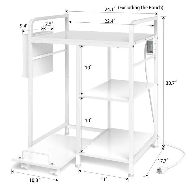 Alt view image 3 of 6 - Large Home Printer Stand: 3 AC Outlets, 24x18 Inches Printer Table | Printer Shredder Stand with Storage for Home Office, 3 Tier Organizer Rack for Laser Printer, PC Tower,Fax Machine, White