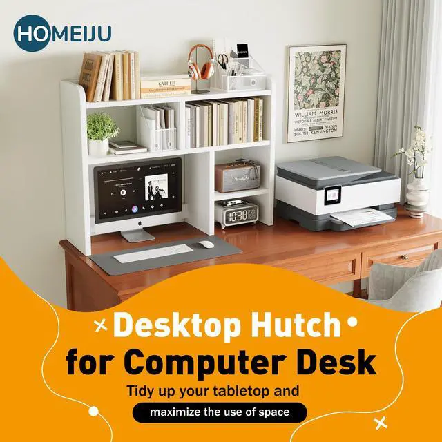 Alt view image 3 of 7 - Desk Shelf, Desktop Hutch with 6 Storage Areas, Desktop Organizer Shelf with 27" Large Monitor Compartment, Multipurpose Wood Desktop Display Rack for Computer Desk, Dorm, Office, Home (White)