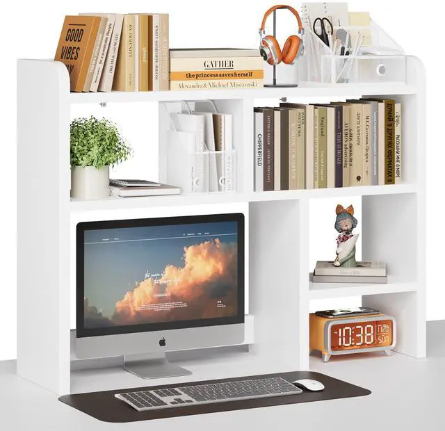 Main image of Desk Shelf, Desktop Hutch with 6 Storage Areas, Desktop Organizer Shelf with 27" Large Monitor Compartment, Multipurpose Wood Desktop Display Rack for Computer Desk, Dorm, Office, Home (White)