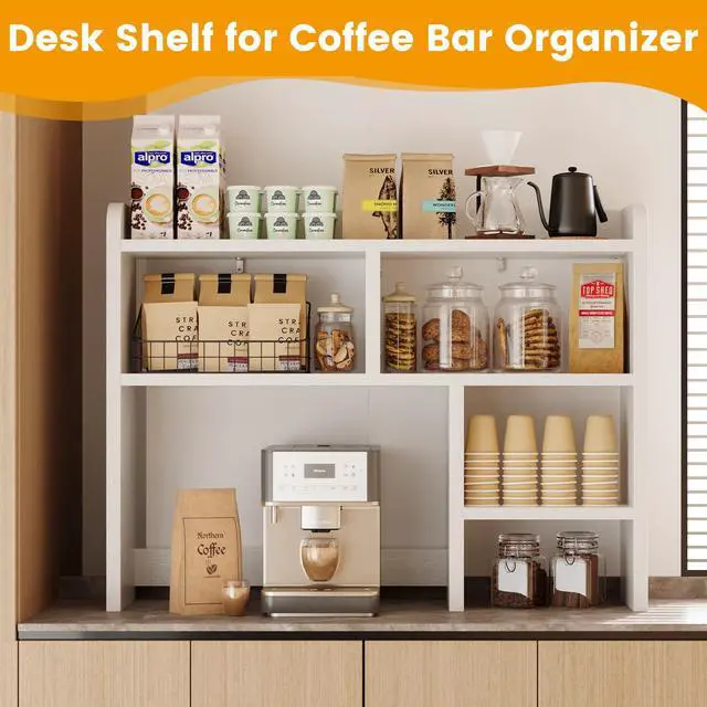 Alt view image 6 of 7 - Desk Shelf, Desktop Hutch with 6 Storage Areas, Desktop Organizer Shelf with 27" Large Monitor Compartment, Multipurpose Wood Desktop Display Rack for Computer Desk, Dorm, Office, Home (White)