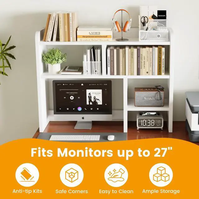 Alt view image 7 of 7 - Desk Shelf, Desktop Hutch with 6 Storage Areas, Desktop Organizer Shelf with 27" Large Monitor Compartment, Multipurpose Wood Desktop Display Rack for Computer Desk, Dorm, Office, Home (White)