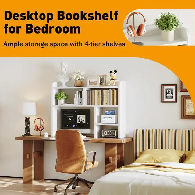Alt view image 4 of 7 - Desk Shelf, Desktop Hutch with 6 Storage Areas, Desktop Organizer Shelf with 27" Large Monitor Compartment, Multipurpose Wood Desktop Display Rack for Computer Desk, Dorm, Office, Home (White)