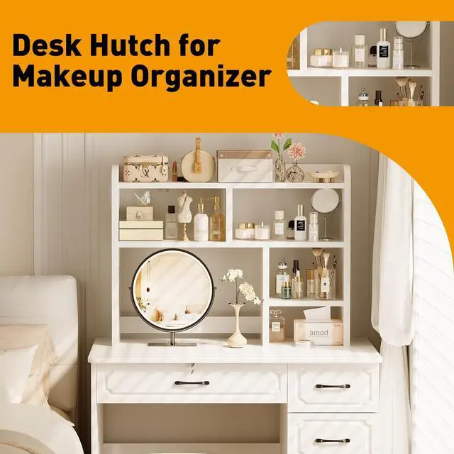 Alt view image 5 of 7 - Desk Shelf, Desktop Hutch with 6 Storage Areas, Desktop Organizer Shelf with 27" Large Monitor Compartment, Multipurpose Wood Desktop Display Rack for Computer Desk, Dorm, Office, Home (White)