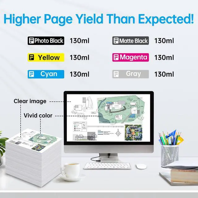 Alt view image 3 of 7 - 72 Ink Cartridges High Yield Compatible for HP 72 Ink Cartridge, Work for HP DesignJet T610 T620 T770 T790 T795 T1100 T1120 T1200 T1300 T2300 Printer (6-Pack, MBK/PBK/C/M/Y/GY)