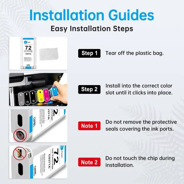 Alt view image 4 of 7 - 72 Ink Cartridges High Yield Compatible for HP 72 Ink Cartridge, Work for HP DesignJet T610 T620 T770 T790 T795 T1100 T1120 T1200 T1300 T2300 Printer (6-Pack, MBK/PBK/C/M/Y/GY)
