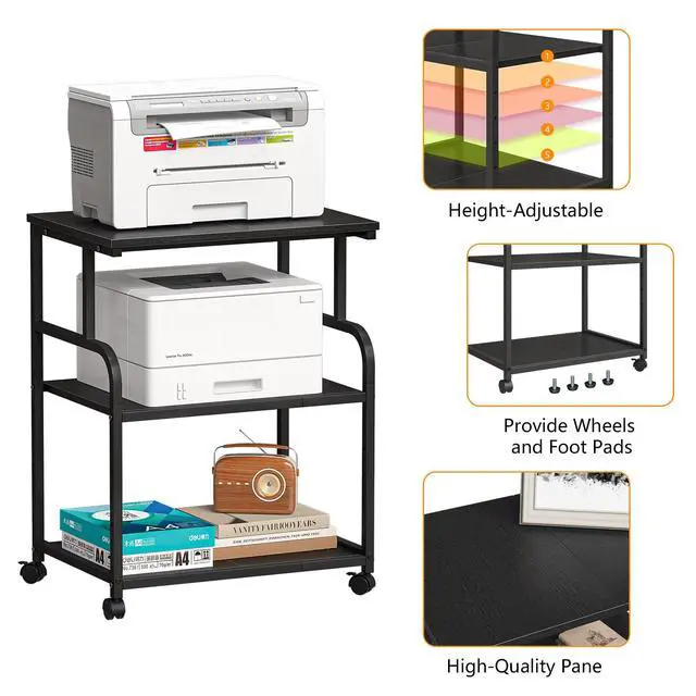 Alt view image 4 of 7 - 3-Tier Adjustable Large Printer Stand with Storage, Rolling Printer Cart with Lockable Wheels for Home, Office (Black)