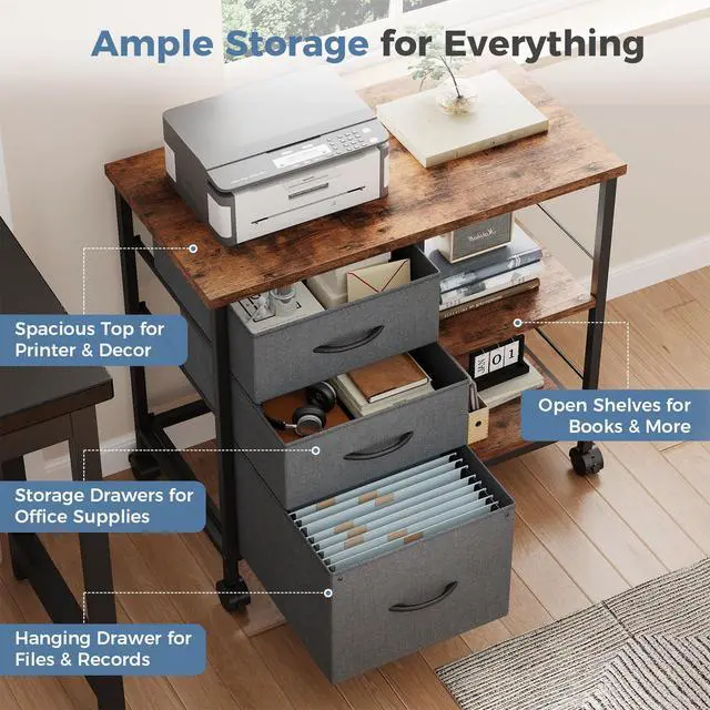 Alt view image 4 of 7 - 3-Tier Mobile File Cabinet, Rolling Printer Stand with Storage | Fabric Lateral Filing Cabinet fits A4/Letter Size, Under Desk Drawer Cabinet, Printer Cart for Home Office, Gray