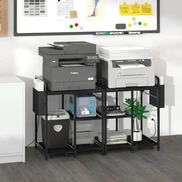 Alt view image 6 of 7 - Large Home Printer Stand: 3 AC Outlets, 24x18 Inches Printer Table | Printer Shredder Stand with Storage for Home Office, 3 Tier Organizer Rack for Laser Printer, PC Tower,Fax Machine, Black