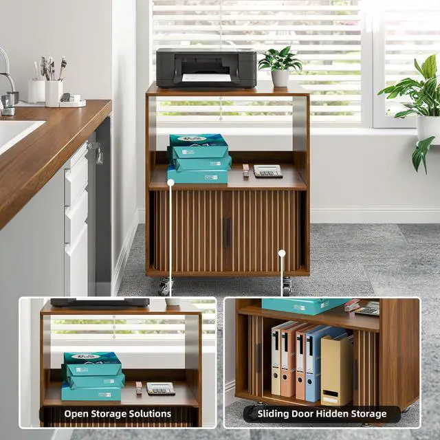 Alt view image 4 of 7 - Printer Stand, 2-Tier Rolling Printer Cart with Wheels and Sliding Door, Under Desk Printer Table for Home Office, Walnut, 23.62" (Walnut)