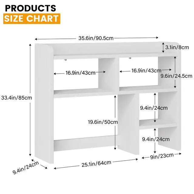Alt view image 2 of 7 - Desk Shelf, Desktop Hutch with 6 Storage Areas, Desktop Organizer Shelf with 27" Large Monitor Compartment, Multipurpose Wood Desktop Display Rack for Computer Desk, Dorm, Office, Home (White)