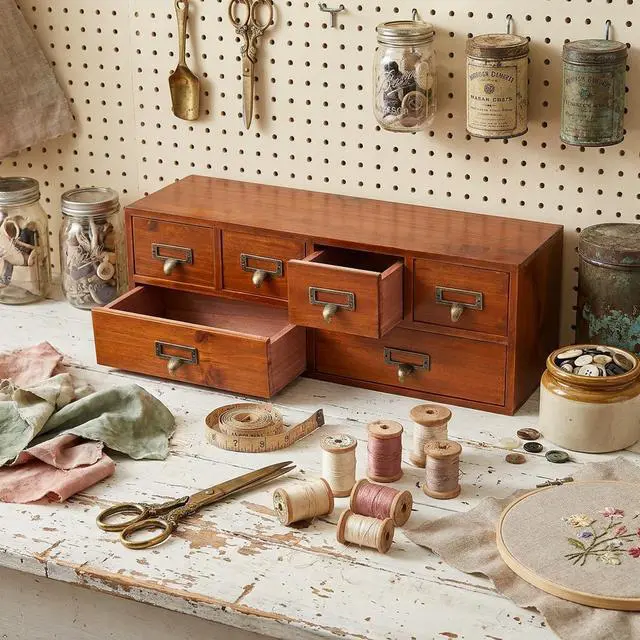 Alt view image 7 of 7 - 6-Drawer Wooden Desk Organizer, No Assembly Required | Vintage Desktop Organizer Cabinet, Desk Drawer Organizer, Storage Box for Office Home