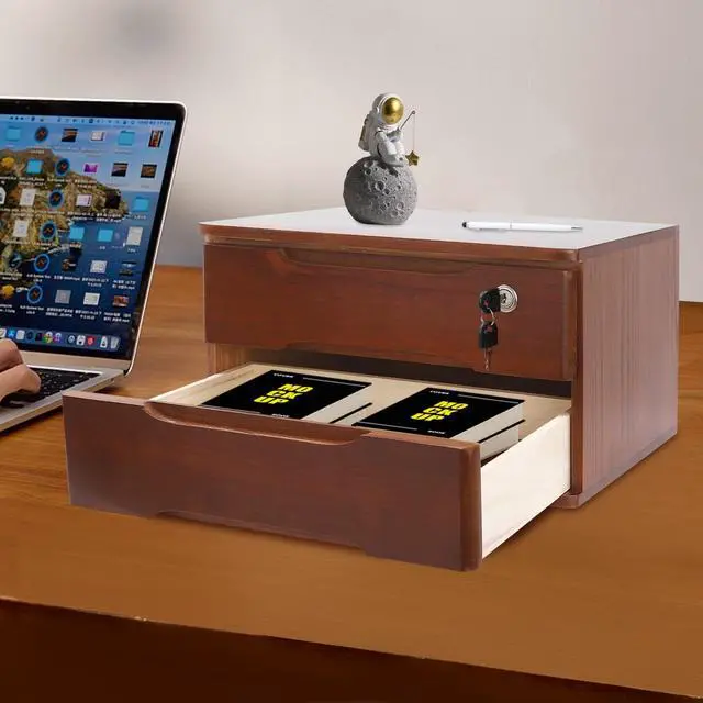 Alt view image 2 of 7 - Wood Desk Organizer with 2 Drawers, Lockable Desktop Countertop Storage Cabinet for Home Office Supplies File Tabletop Organizing Unit (Dark Brown)