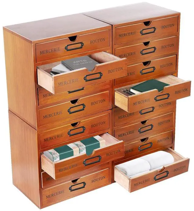 Main image of Vintage Wooden 16-Drawer Desk Organizer with Iron Label Holders - Multi-Purpose Storage Case for Cosmetics, Files, Books & Office Supplies, Compact Home/Office Organization (Brown)