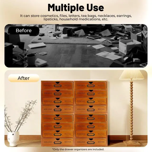Alt view image 7 of 7 - Vintage Drawer Wooden Drawers Organizer, 16-Drawer Desktop Organizer With Drawers, Iron Label Holders, Brown, For Store Cosmetics, Files, Books, Letters, Papers, Magazines