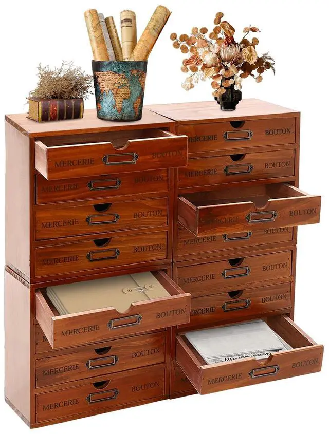 Main image of 4Pcs Multi Drawer Storage Organizer with 16 Drawers, Vintage Wooden Desk Organizer Craft Storage Drawers Stackable Desktop Organizing Cabinet, No Assembly Required