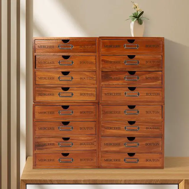 Alt view image 2 of 7 - 4Pcs Multi Drawer Storage Organizer with 16 Drawers, Vintage Wooden Desk Organizer Craft Storage Drawers Stackable Desktop Organizing Cabinet, No Assembly Required