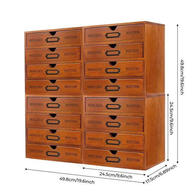 Alt view image 2 of 7 - Vintage Wooden 16-Drawer Desk Organizer with Iron Label Holders - Multi-Purpose Storage Case for Cosmetics, Files, Books & Office Supplies, Compact Home/Office Organization (Brown)