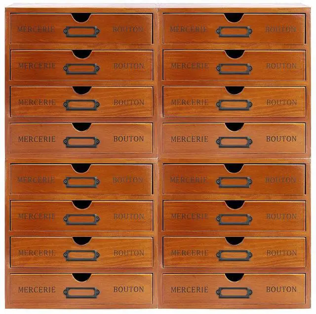Main image of Vintage 16-Drawer Wooden Desk Organizer, 4Pcs 4-Slot Filing Cabinet, Stackable Craft Storage Drawers, Rustic Tool Box, Multilevel Apothecary Cabinet, Ideal Home Office Organizers and Accessories