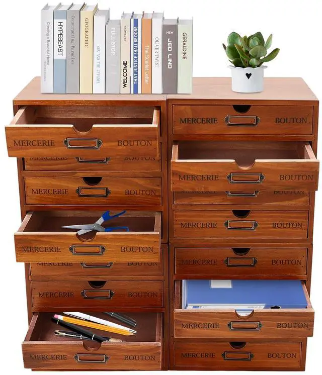 Alt view image 6 of 7 - 4Pcs Multi Drawer Storage Organizer with 16 Drawers, Vintage Wooden Desk Organizer Craft Storage Drawers Stackable Desktop Organizing Cabinet, No Assembly Required