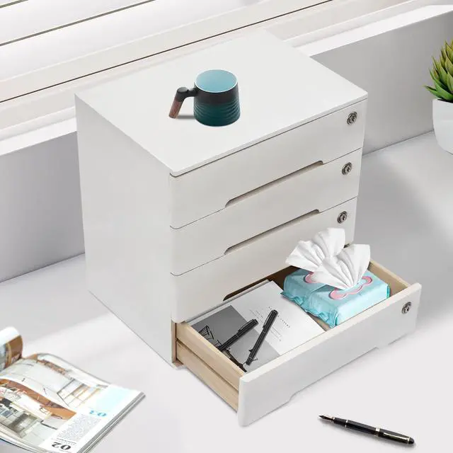 Alt view image 4 of 7 - Wooden Desktop Storage Box, with 4 Lockable Drawers, Keepsake Box, Office Supplies A4/Receipt File Organizer, Flat File Cabinet to store documents, notebooks, or other small objects (White)