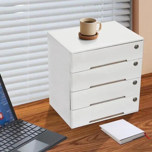 Alt view image 2 of 7 - Wooden Desktop Storage Box, with 4 Lockable Drawers, Keepsake Box, Office Supplies A4/Receipt File Organizer, Flat File Cabinet to store documents, notebooks, or other small objects (White)