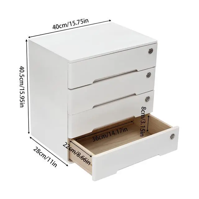 Alt view image 3 of 7 - Wooden Desktop Storage Box, with 4 Lockable Drawers, Keepsake Box, Office Supplies A4/Receipt File Organizer, Flat File Cabinet to store documents, notebooks, or other small objects (White)