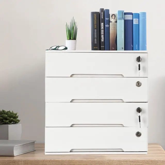 Alt view image 5 of 7 - Wooden Desktop Storage Box, with 4 Lockable Drawers, Keepsake Box, Office Supplies A4/Receipt File Organizer, Flat File Cabinet to store documents, notebooks, or other small objects (White)