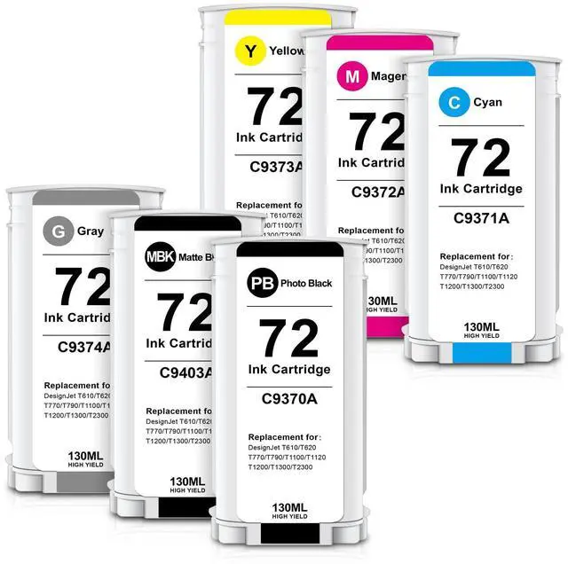 Main image of 72 Ink Cartridges High Yield Compatible for HP 72 Ink Cartridge, Work for HP DesignJet T610 T620 T770 T790 T795 T1100 T1120 T1200 T1300 T2300 Printer (6-Pack, MBK/PBK/C/M/Y/GY)