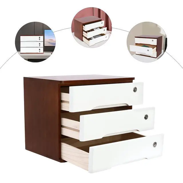 Alt view image 5 of 7 - Wood Desk Organizer with 3 Drawers, Lockable Desktop Countertop Storage Cabinet for Home Office Supplies File Tabletop Organizing Unit, 15.75" x 11.02" x 12.2" (Dark Brown + White)