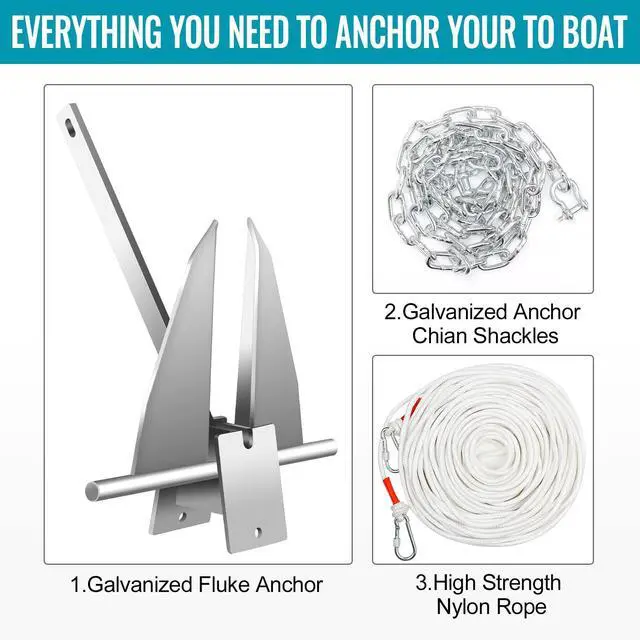 Alt view image 4 of 7 - Boat Anchor Kit, Fluke Style Anchor, Galvanized Steel Hot Dipped Fluke Anchor Includes Anchor,Chain,Rope, Shackles for Boat Mooring on The Beach