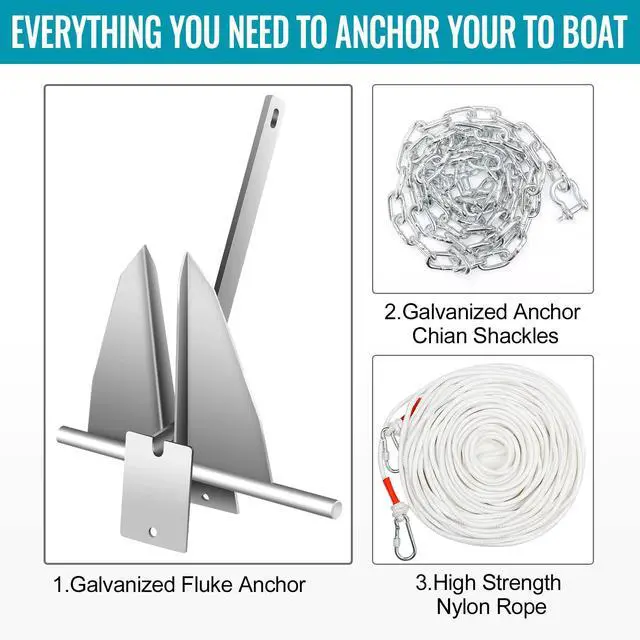 Alt view image 4 of 7 - Boat Anchor Kit, Fluke Style Anchor, Galvanized Steel Hot Dipped Fluke Anchor Includes Anchor,Chain,Rope, Shackles for Boat Mooring on The Beach