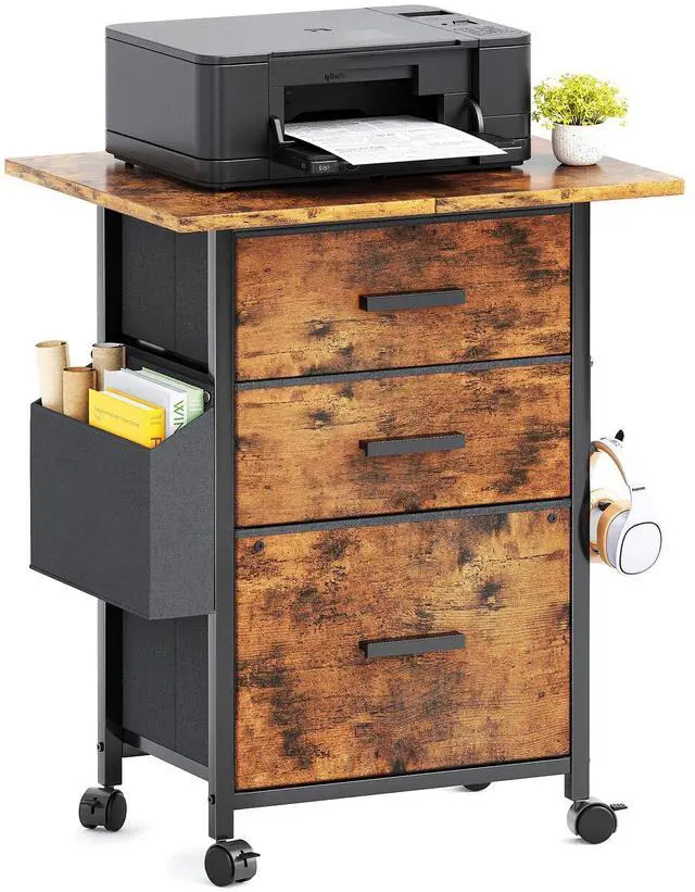 Main image of 3-Drawer Mobile File Cabinet with 22" Wide Printer Stand, Fabric Filing Cabinet with Side Bag & Headphone Hook, Fits Letter/A4 Size Hanging File Folders, Rolling Home Office Organizer, Rustic Brown