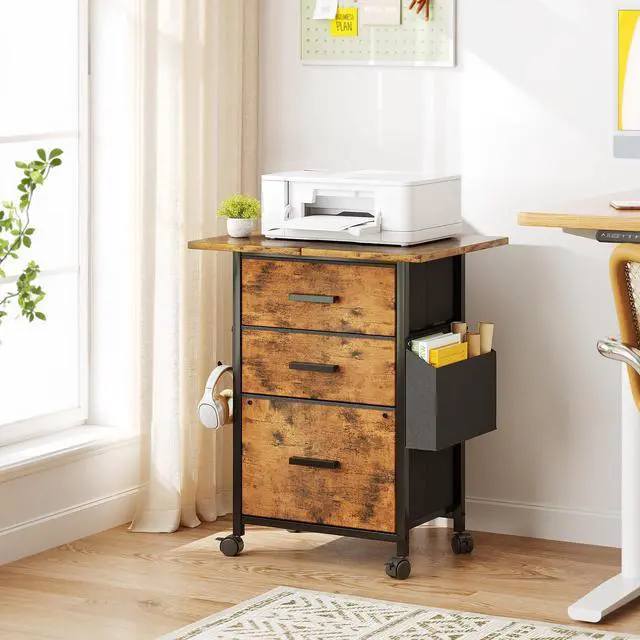 Alt view image 2 of 7 - 3-Drawer Mobile File Cabinet with 22" Wide Printer Stand, Fabric Filing Cabinet with Side Bag & Headphone Hook, Fits Letter/A4 Size Hanging File Folders, Rolling Home Office Organizer, Rustic Brown
