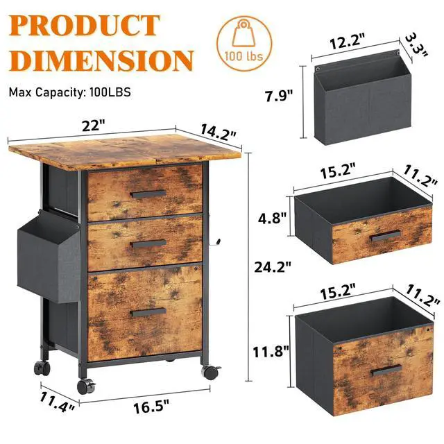Alt view image 3 of 7 - 3-Drawer Mobile File Cabinet with 22" Wide Printer Stand, Fabric Filing Cabinet with Side Bag & Headphone Hook, Fits Letter/A4 Size Hanging File Folders, Rolling Home Office Organizer, Rustic Brown