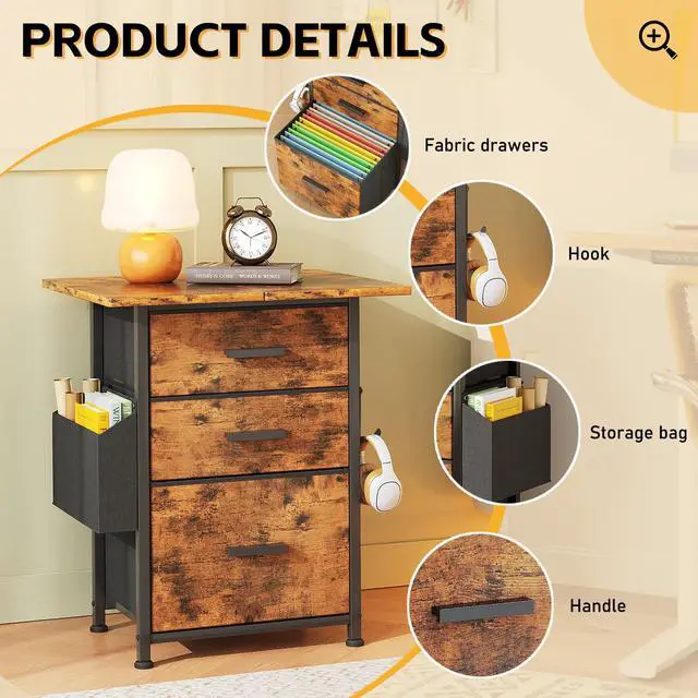 Alt view image 4 of 7 - 3-Drawer Mobile File Cabinet with 22" Wide Printer Stand, Fabric Filing Cabinet with Side Bag & Headphone Hook, Fits Letter/A4 Size Hanging File Folders, Rolling Home Office Organizer, Rustic Brown