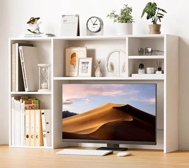 Main image of Desk Hutch with 6 Shelves, 37.4" Desktop Bookshelf Organizer for Monitor up to 27", Hutch Top for Computer Desk, Countertop Storage Shelf Wood Display Rack for Office Home Dorm, White